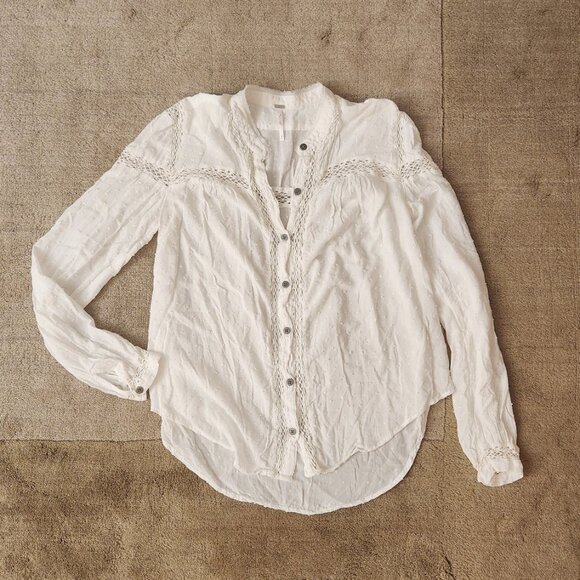 Free People sz S Swiss Dot Everyday Every Girl Lace Top Button Down Blouse Rayon - Picture 11 of 16